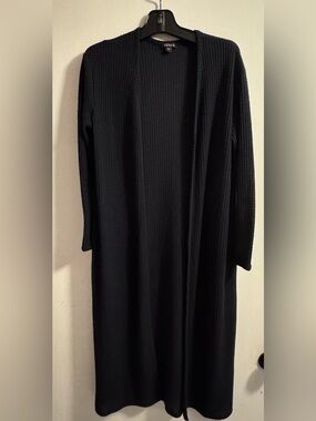 VENUS Black Ribbed Long Open-Front Knit Cardigan